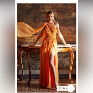 Orange one shoulder formal gown wedding guest dress